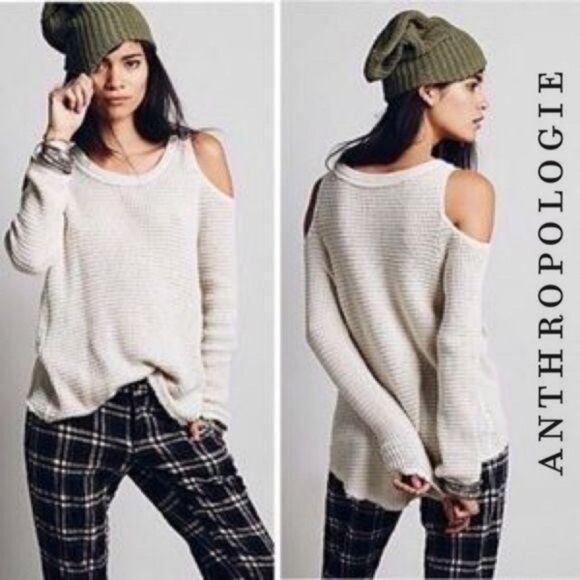 Anthropologie Ruby Moon Beige Cold-Shoulder Knit Sweater Asymmetrical Hem Small - Picture 1 of 7